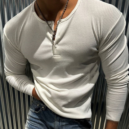 Solid Color Ribbed Polo Shirt Long Sleeve