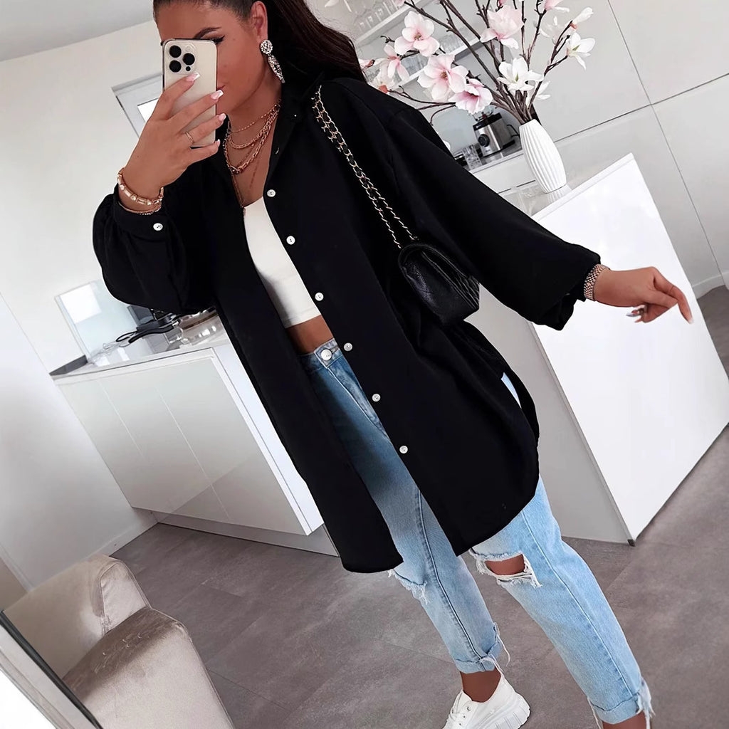 Womens Solid Color Casual Button Shirt