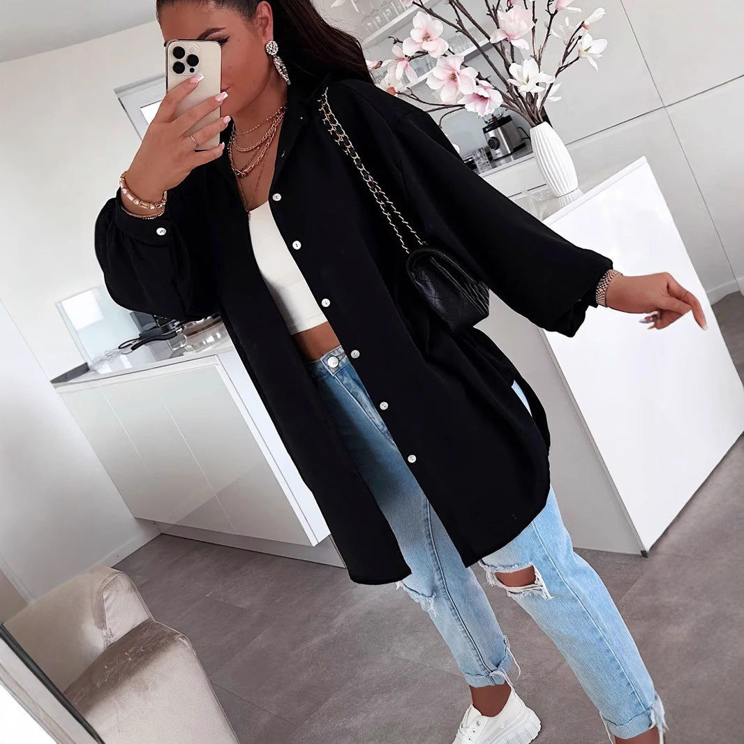 Womens Solid Color Casual Button Shirt