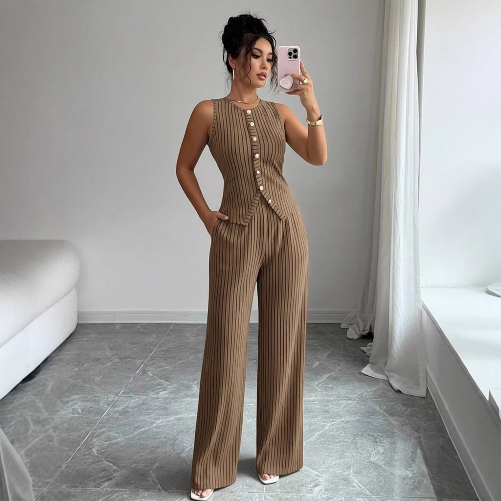 Womens Retro Striped Vest and Wide-Leg Pants Set