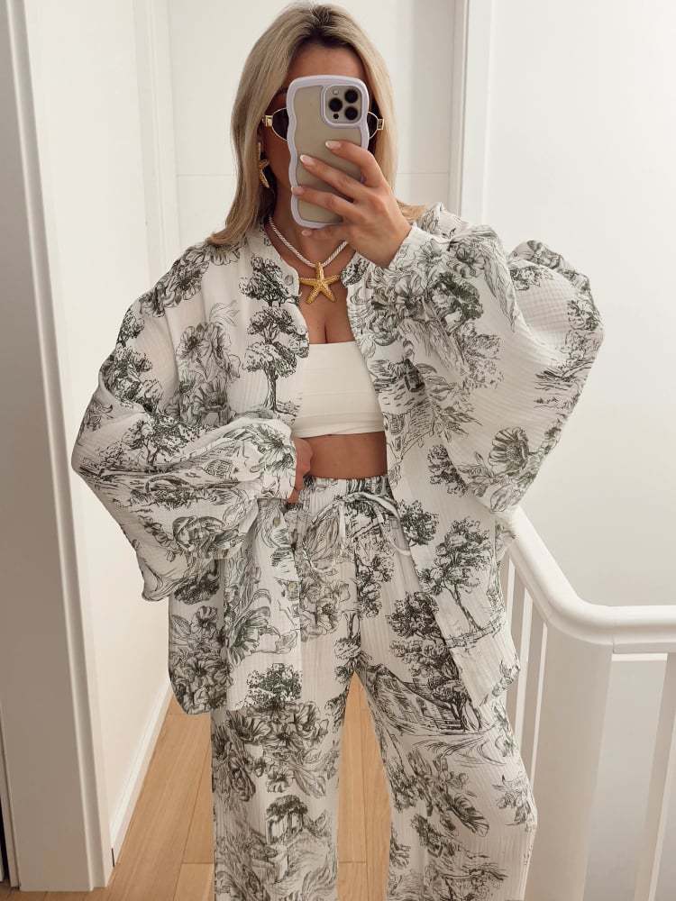Womens Printed Long Sleeve Shirt and Trousers Set