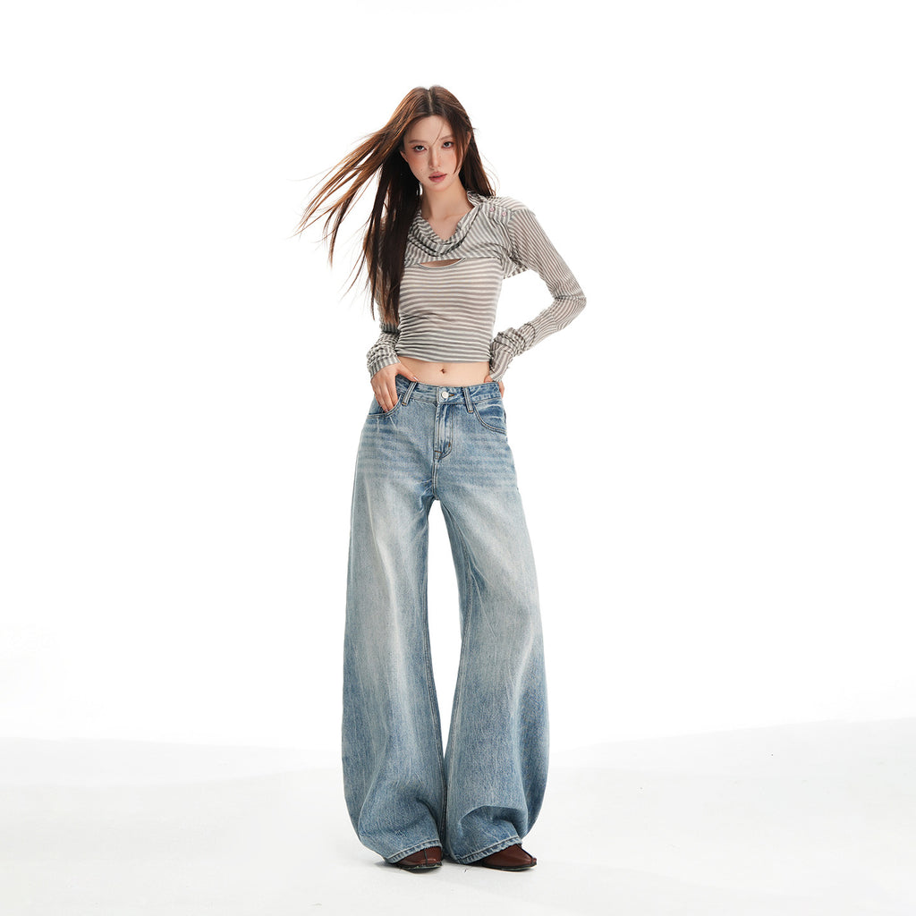 Washed Light Blue Straight Leg Jeans