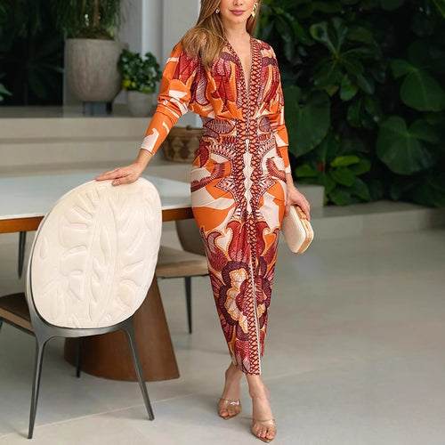 Floral Print V-neck Long Sleeve Dress
