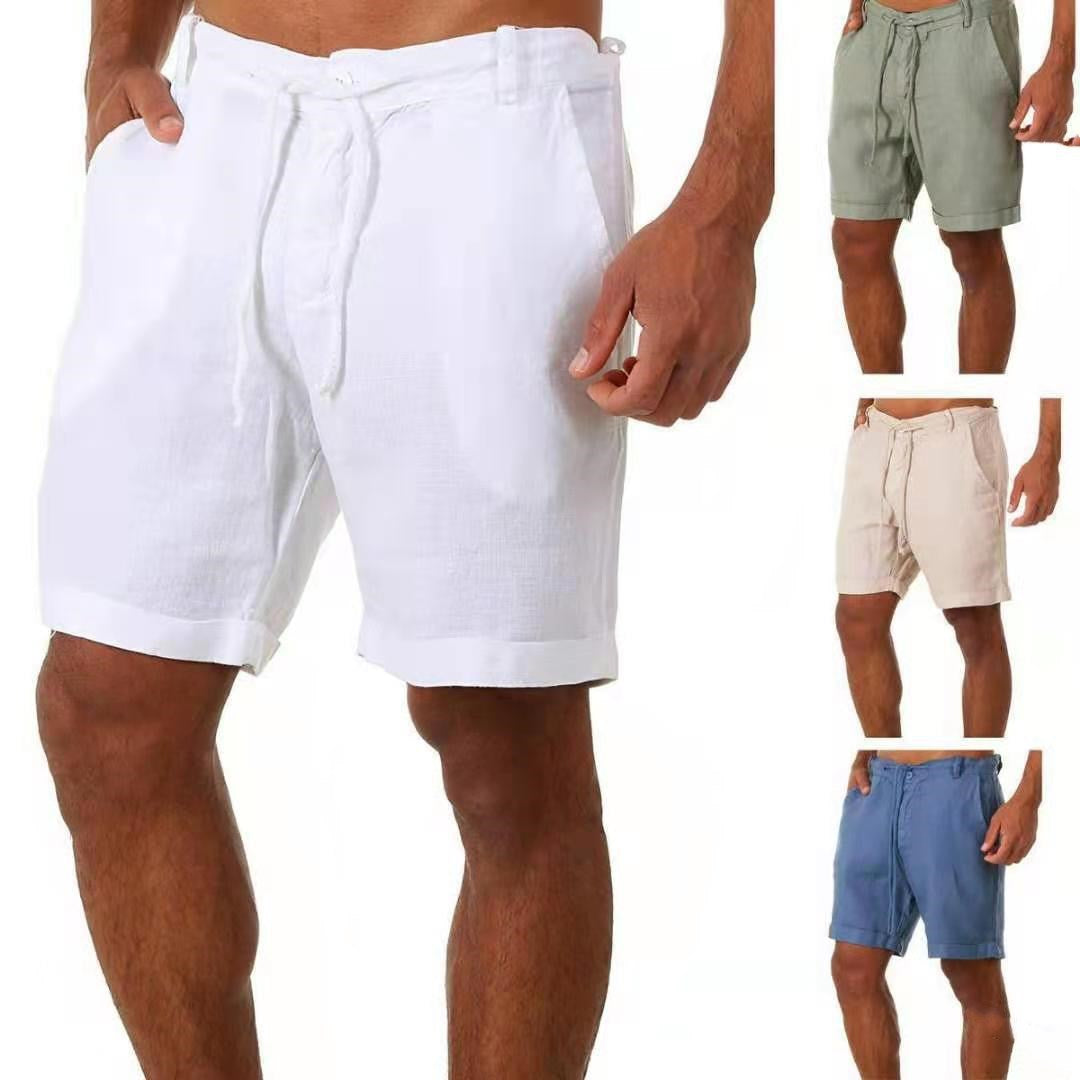 Mens Cotton Linen Drawstring Casual Shorts
