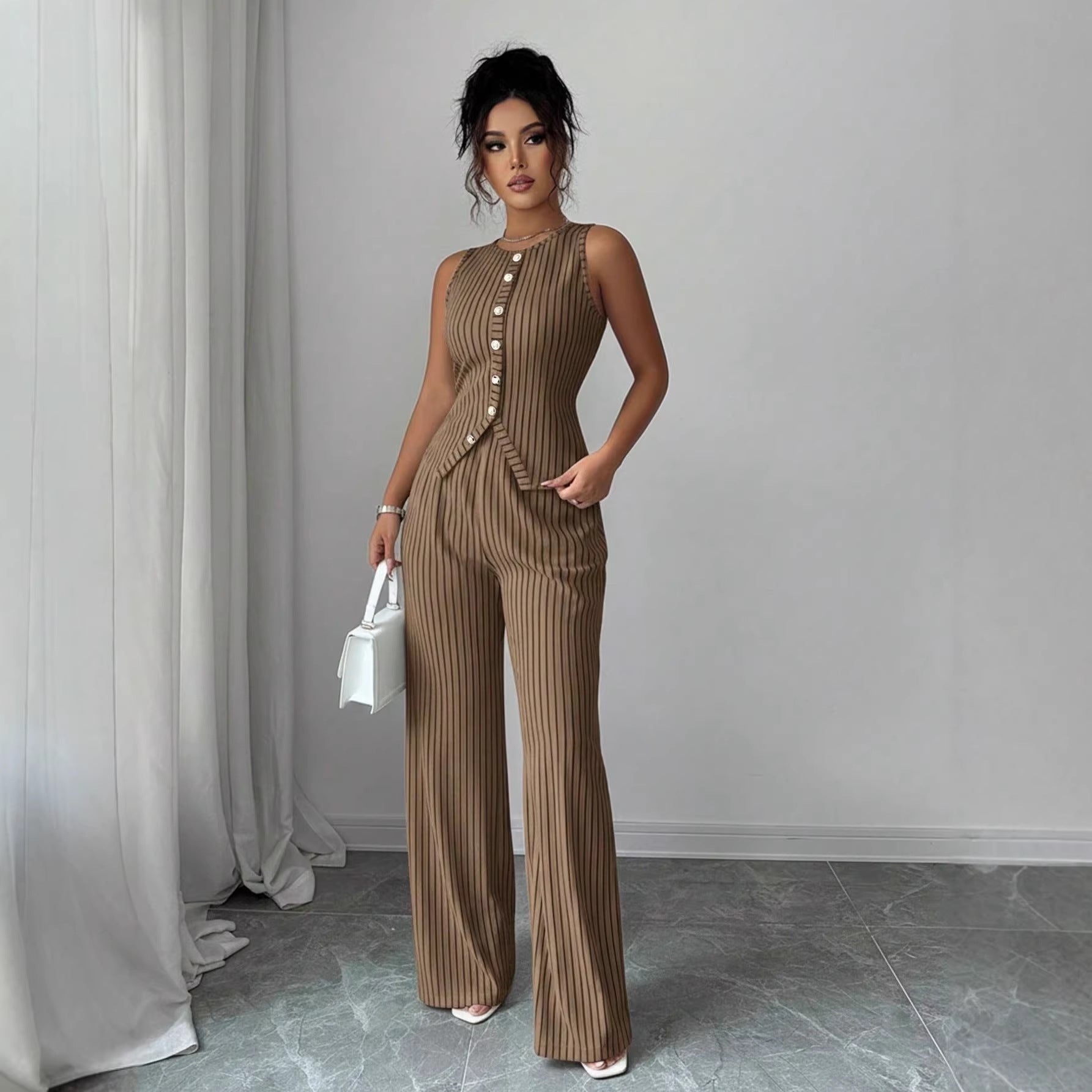 Womens Retro Striped Vest and Wide-Leg Pants Set