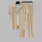 Men's Striped Short Sleeve Shirt and Drawstring Long Pants Casual Suit Set