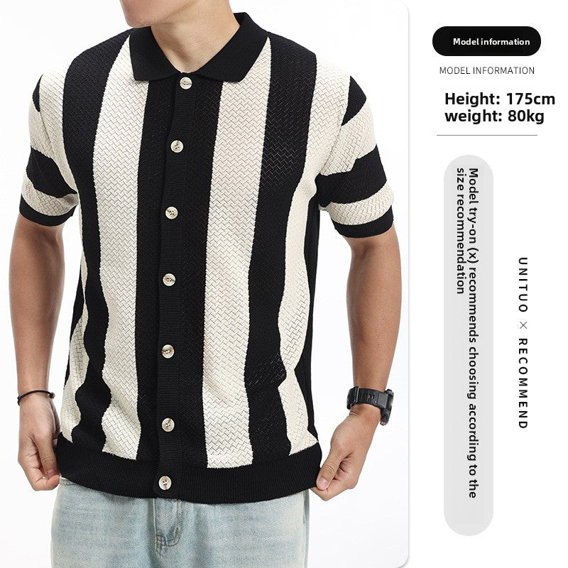 Mens Striped Knit Polo Shirt