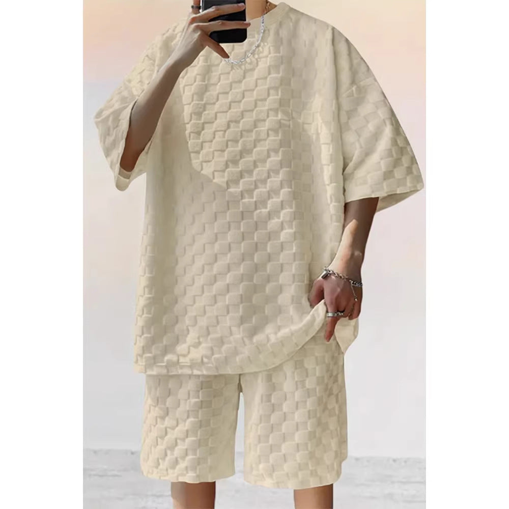 Men's Jacquard Plaid Casual T-Shirt and Shorts Set