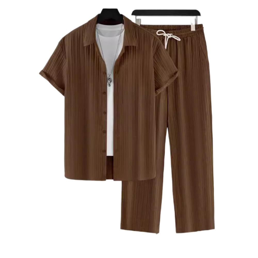 Men's Striped Short Sleeve Shirt and Drawstring Long Pants Casual Suit Set