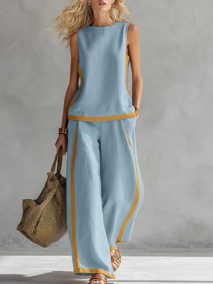 Sleeveless Color-Block Wide-Leg Pants