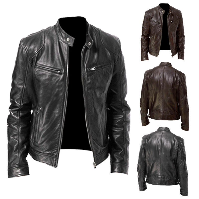 Mens Stand Collar Leather Jacket