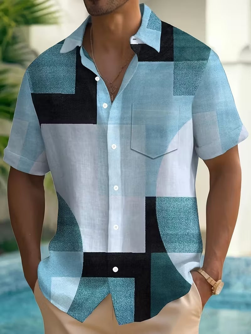 Summer European and American Printed Short-Sleeved Shirt Men's Loose Large Size Casual Lapel Shirt Top