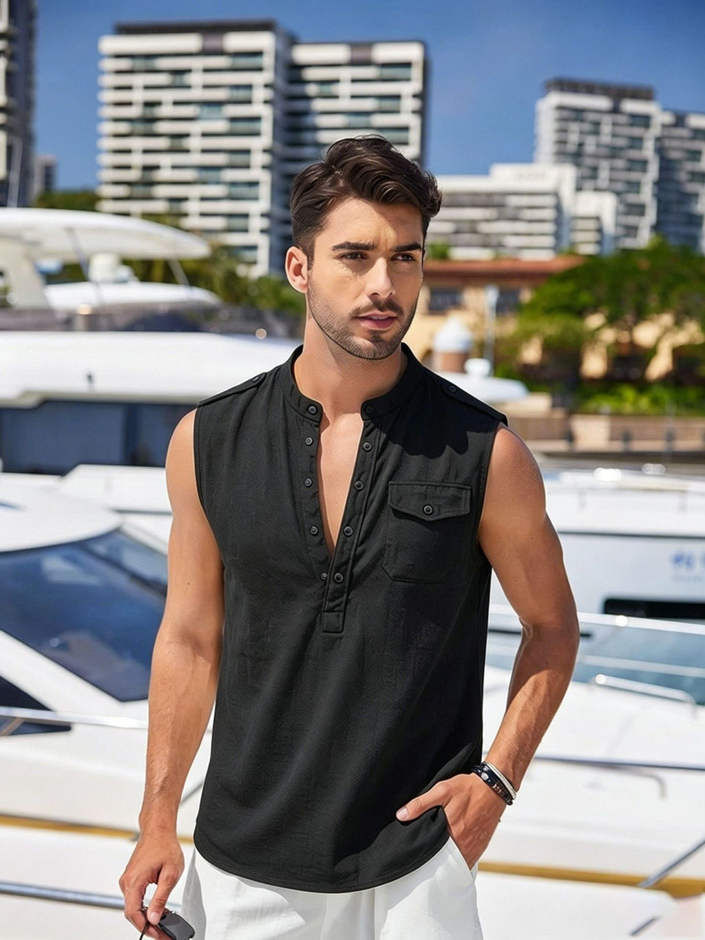 Mens Linen Sleeveless Vest with Stand Collar