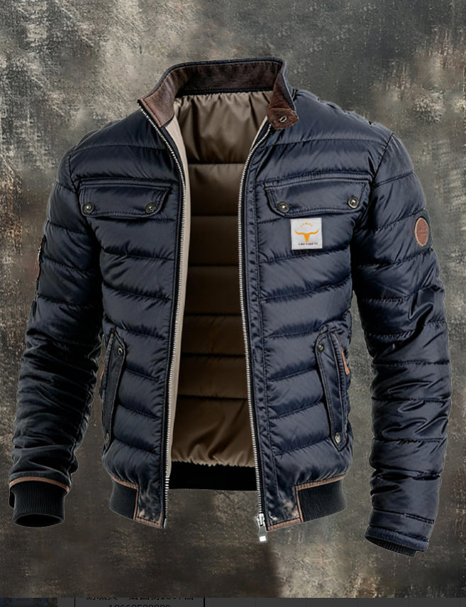 2026 Cross-Border Amazon Men's Vintage Leather Quilted Patchwork Warm Zipper Outdoor Jacket