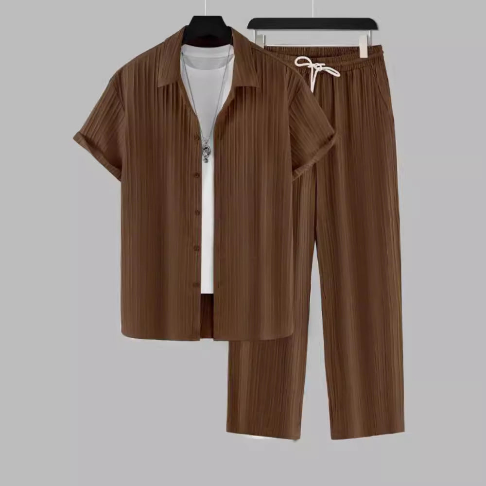 Men's Striped Short Sleeve Shirt and Pants Casual Suit