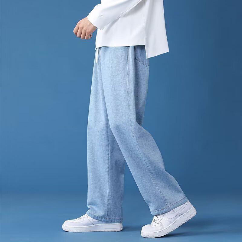Mens Washed Denim Pants with Elastic Waist