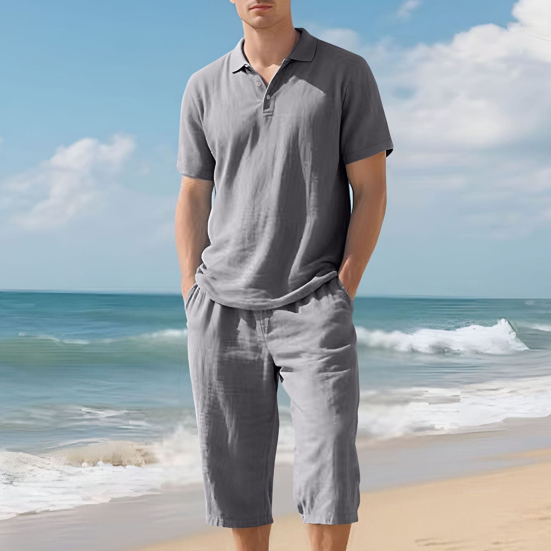 Men's Linen Polo Shirt and Short Pants Set
