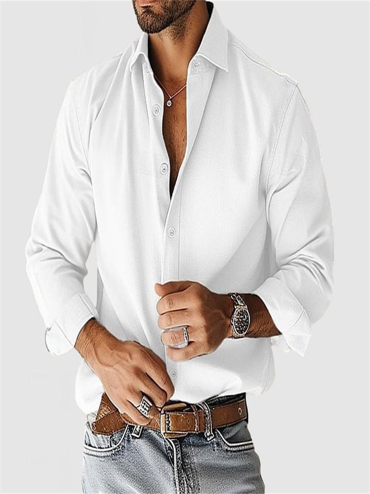 Casual, versatile, notched-collar, button-up solid-color men's top