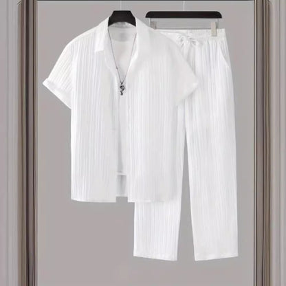 Men's Striped Short Sleeve Shirt and Drawstring Long Pants Casual Suit Set