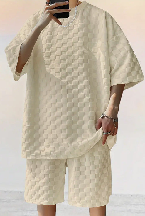Men's Jacquard Plaid Casual T-Shirt and Shorts Set