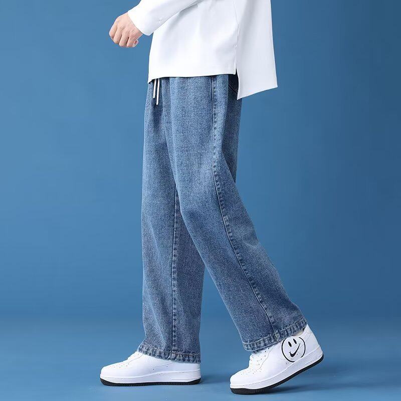 Mens Washed Denim Pants with Elastic Waist