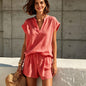 Women Solid Color V-Neck Linen Feel Short Sleeve short