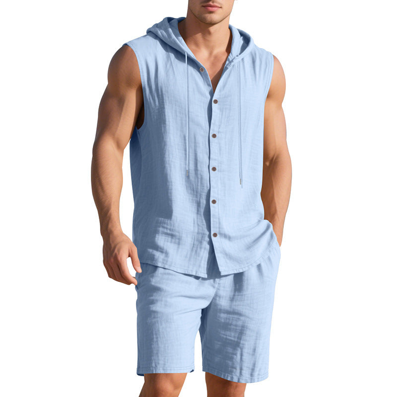 Men's Linen Hooded Vest and Shorts Set