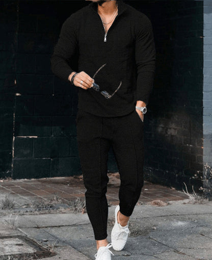 Men's Textured Long Sleeve Polo and Pants