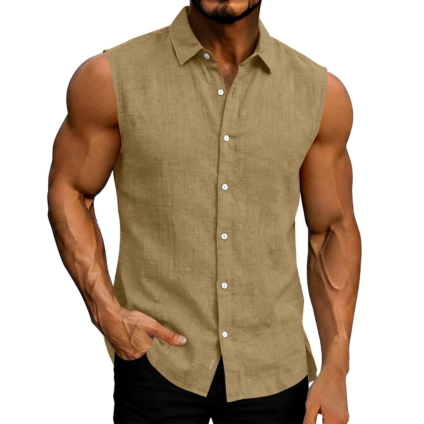 Lapel Sleeveless Shirt for Men, Solid-Color Vest