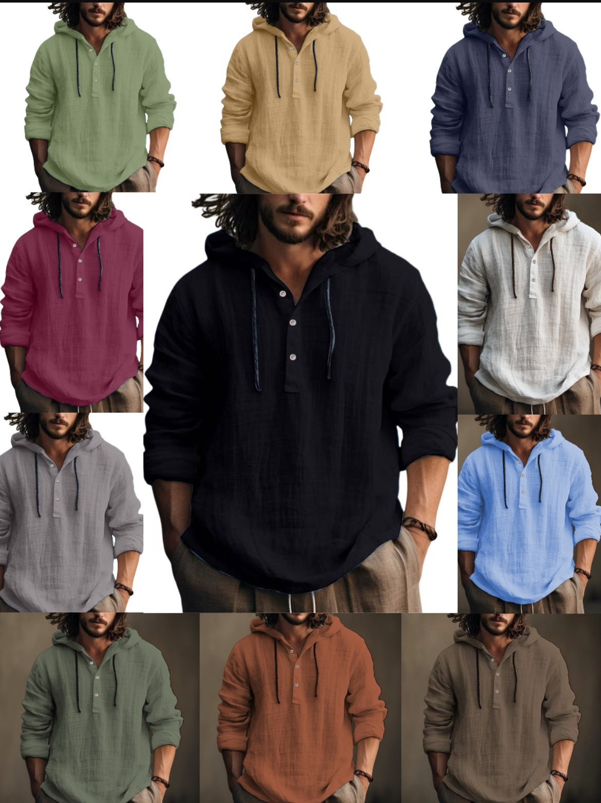 Cross-Border Summer Cotton and Linen Men's Hooded Shirt Long-Sleeved Casual Top Solid Color Breathable Thin Beach Men's T-Shirt