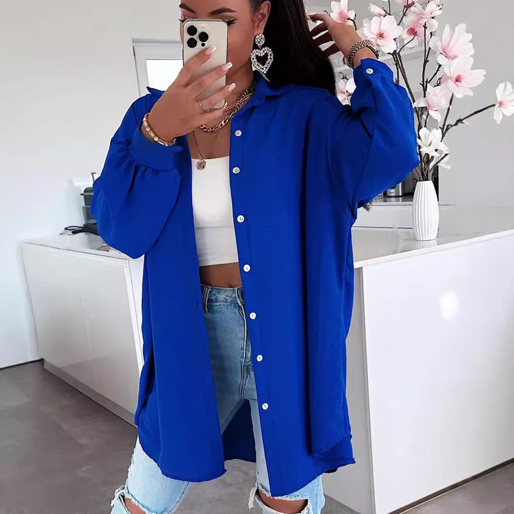 Womens Solid Color Casual Button Shirt