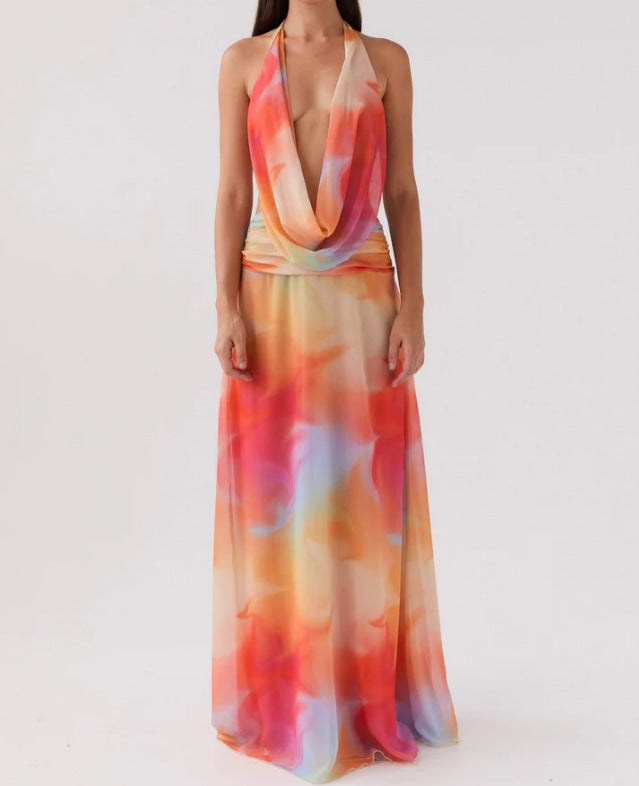 Fashion Printed Halter Neck High Waist Dress