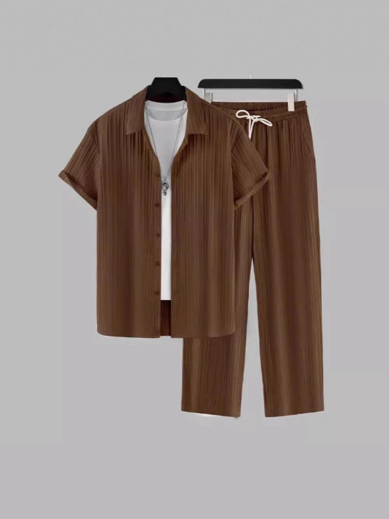 Men's Striped Short Sleeve Shirt and Drawstring Long Pants Casual Suit Set