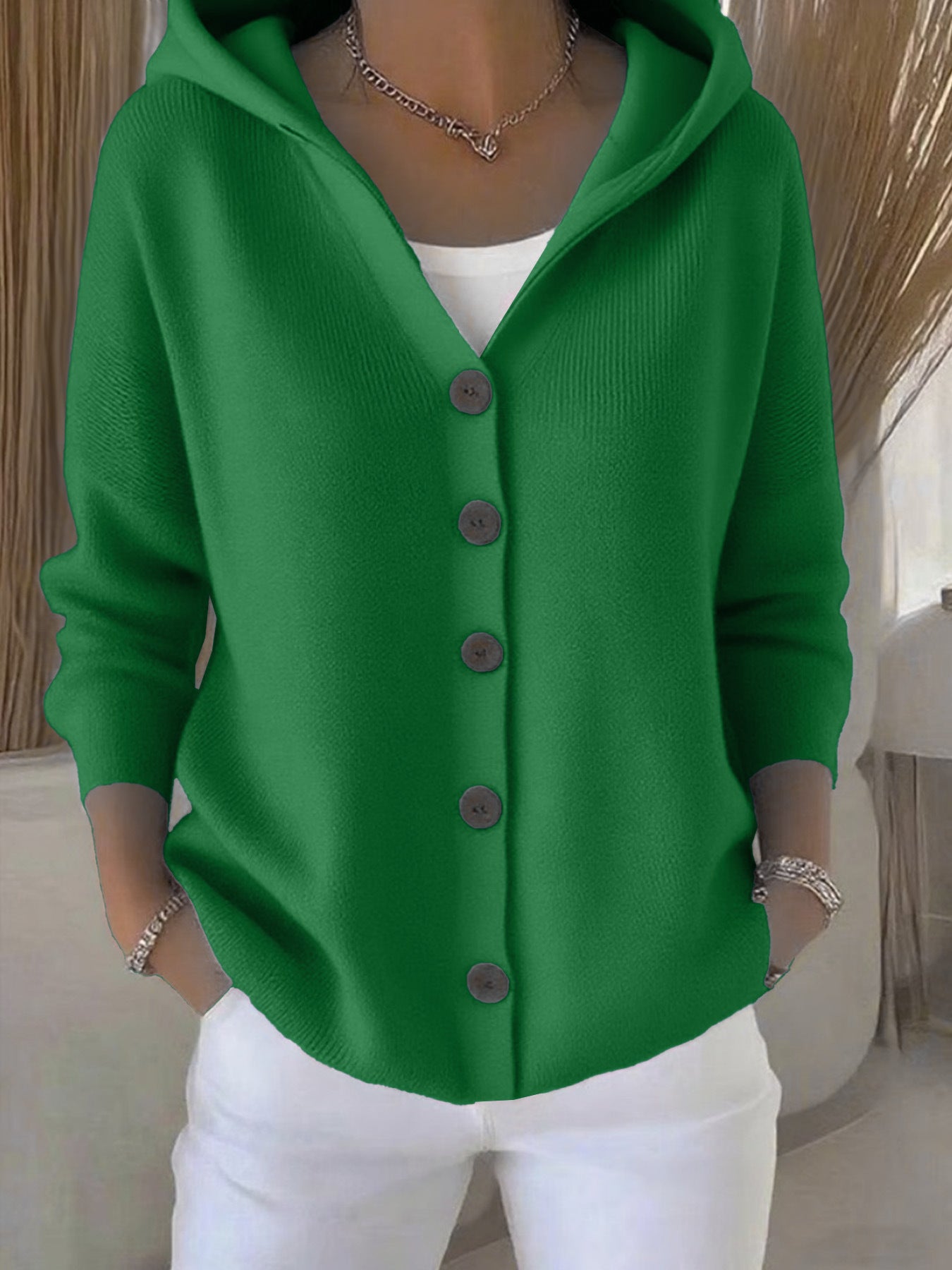 Women Hooded Knitted Cardigan Solid Color Loose Sweater Jacket