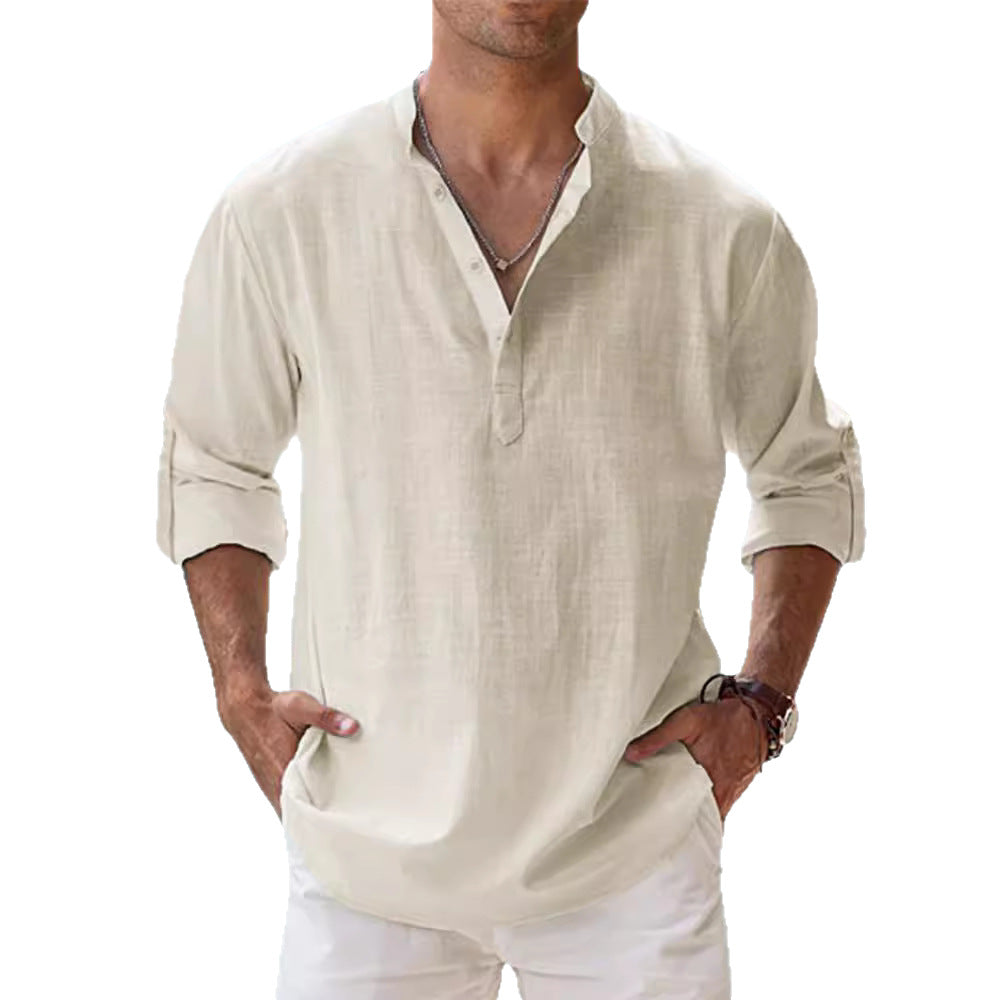 Mens Linen Collar Long Sleeve Shirt
