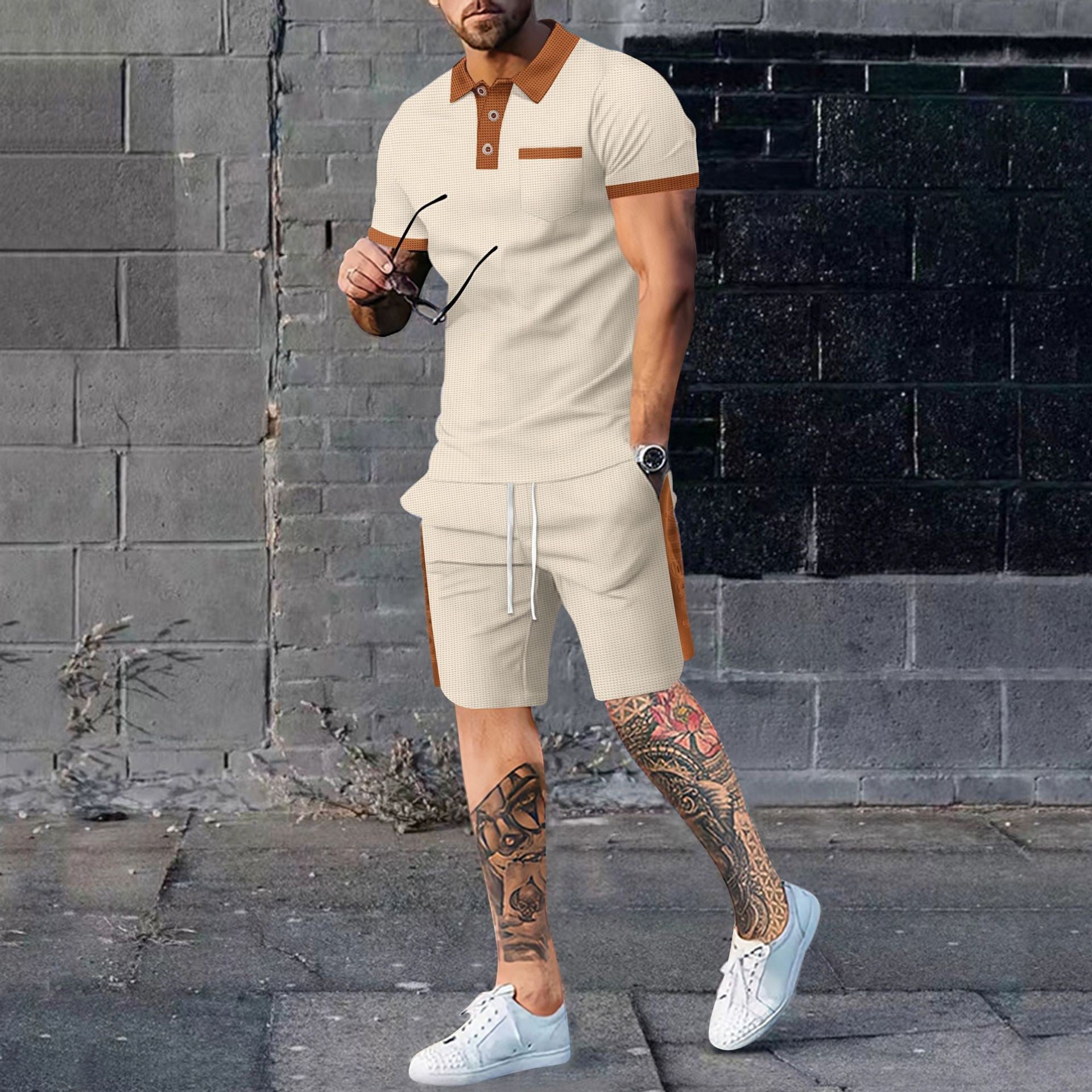 Men's casual suit short-sleeved waffle