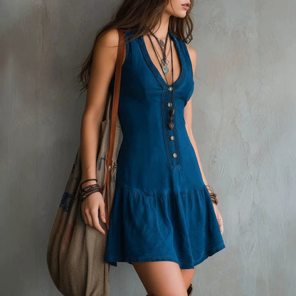 Sleeveless U-Neck Button Dress