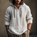 Cross-Border Summer Cotton and Linen Men's Hooded Shirt Long-Sleeved Casual Top Solid Color Breathable Thin Beach Men's T-Shirt