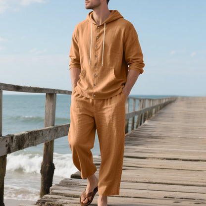 Mens Linen Hooded Shirt and Trousers