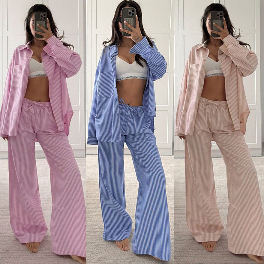 Womens Casual Striped Long Sleeve Pants Set