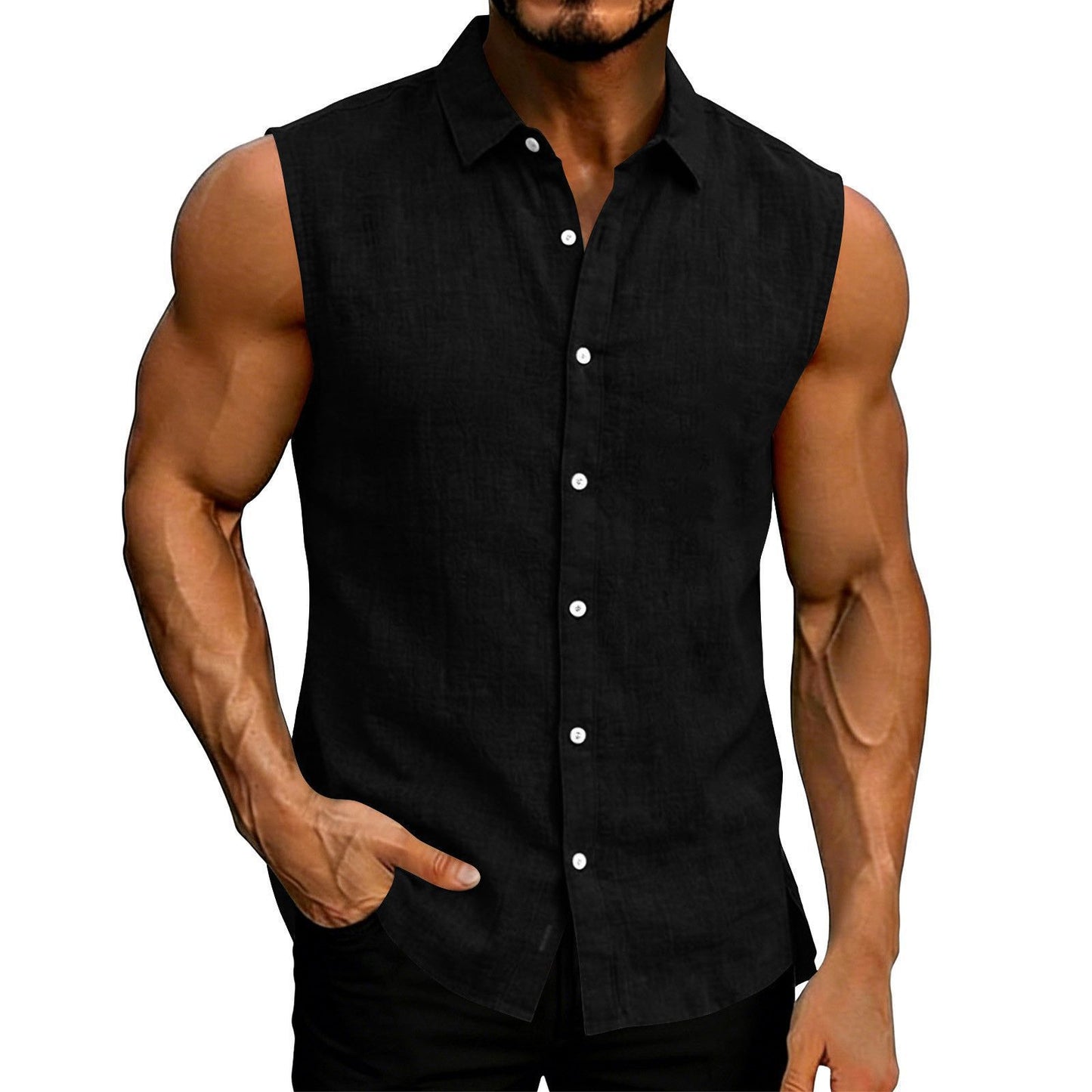 Lapel Sleeveless Shirt for Men, Solid-Color Vest