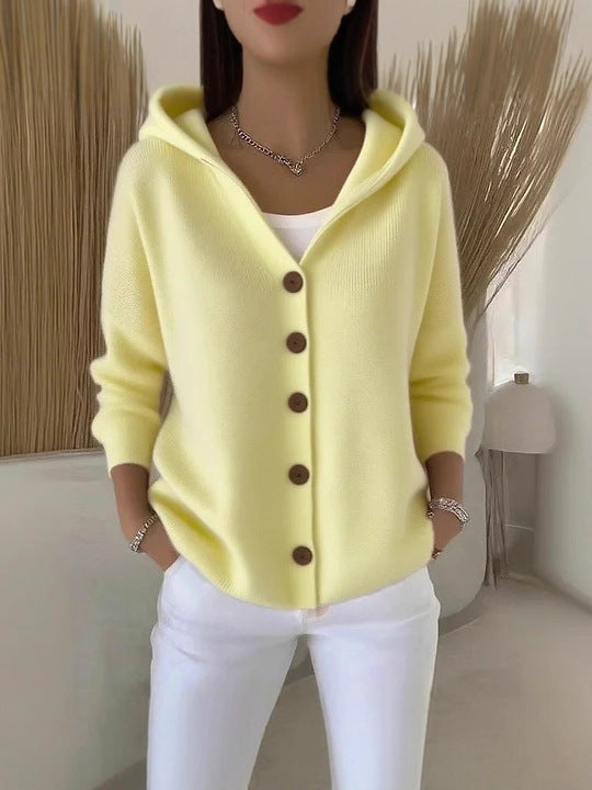 Women Hooded Knitted Cardigan Solid Color Loose Sweater Jacket