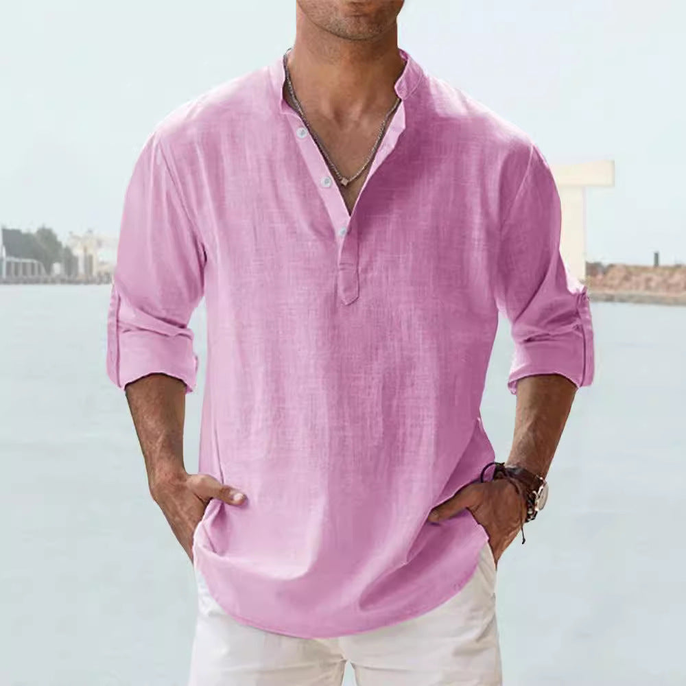 Mens Linen Collar Long Sleeve Shirt