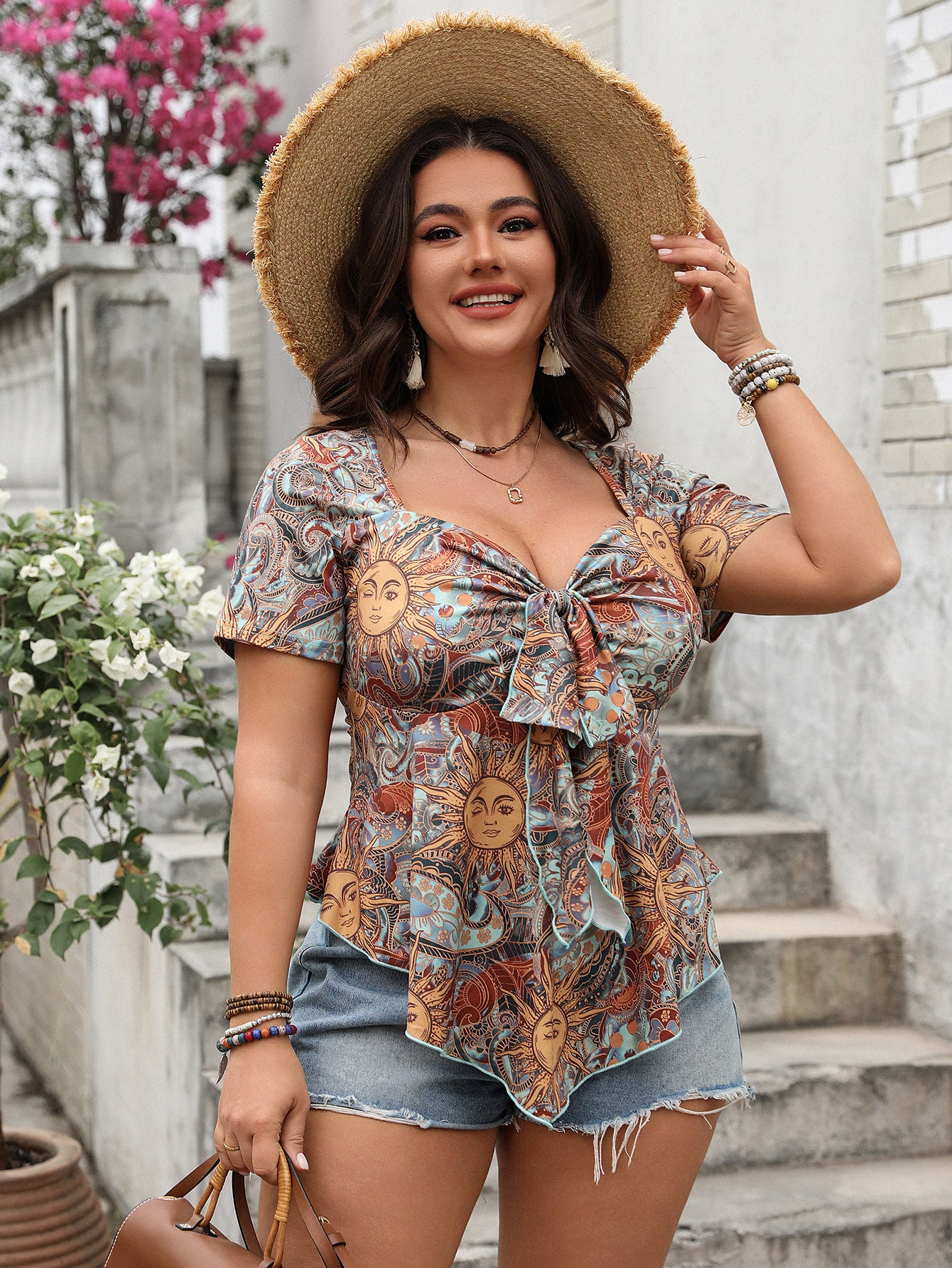 Lace-Up Loose Printed Top