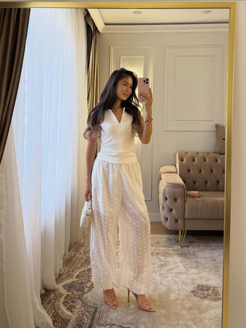 French Jacquard Wide-Leg Cropped Pants