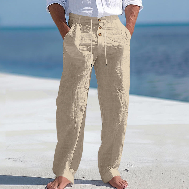 Mens Linen Drawstring Pants Straight Leg Casual Trousers
