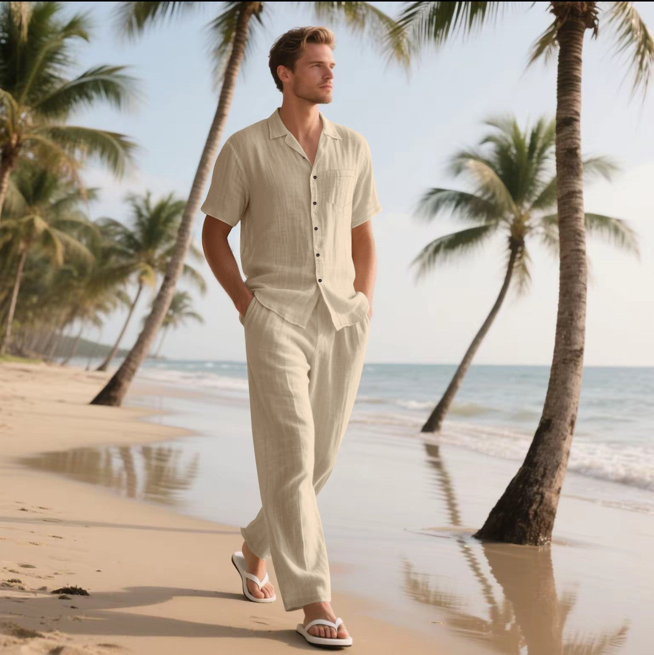 Men's Linen Short Sleeve Shirt and Trousers Set