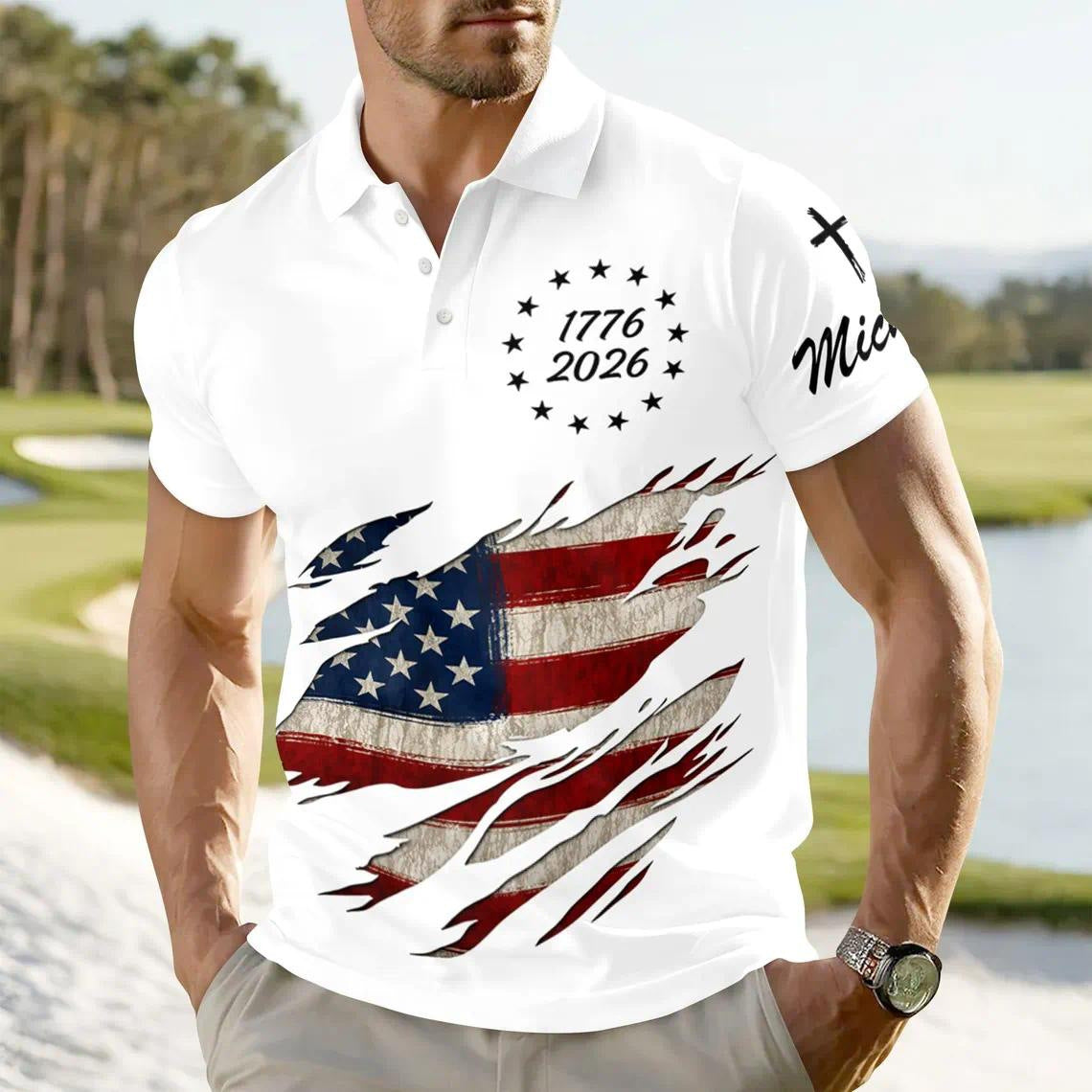 Mens Flag Print Polo Shirt