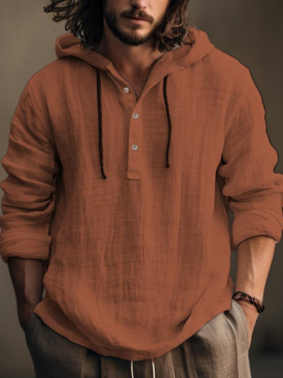 Cross-Border Summer Cotton and Linen Men's Hooded Shirt Long-Sleeved Casual Top Solid Color Breathable Thin Beach Men's T-Shirt