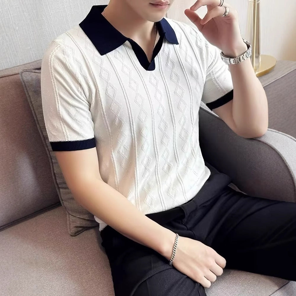 Lapel Polo Shirt Men Jacquard Contrast Color